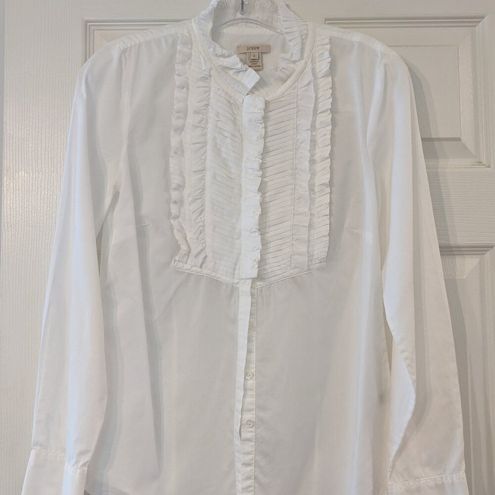 J. Crew Button Down Top White Ruffles Long Sleeves Size 0 Cotton